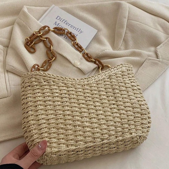Boho Straw Woven Rattan Chain Strap Shoulder Bag - Picture 2 of 9